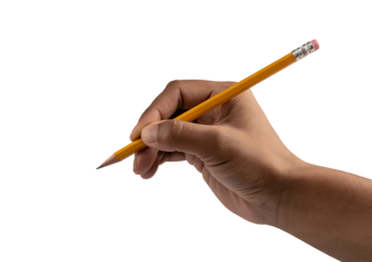 Dark-skinned hand firmly holding a yellow wooden pencil with a pink eraser, ready for creative tasks on a transparent background