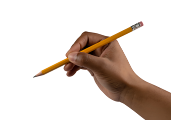 Dark-skinned hand holding a yellow wooden pencil with a pink eraser, poised to write or draw on a transparent background