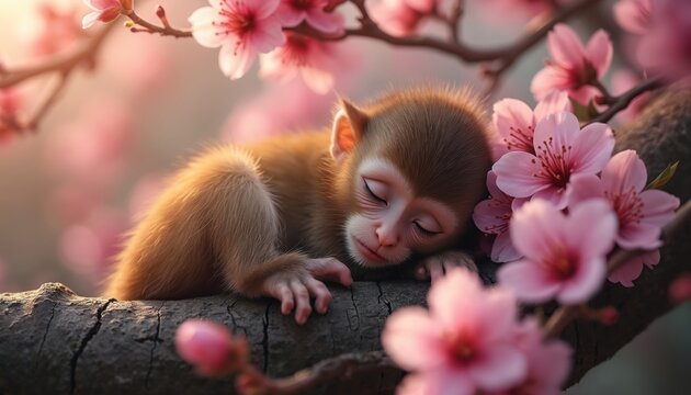 Baby monkey sleeps on tree branch near pink sakura blossoms. Small primate rests peacefully amidst soft spring flowers and new buds. Cute animal napping in blooming garden during warm season.