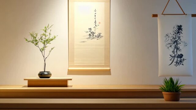 Zen meditation hall with scroll and bonsai transformation in minimalist design