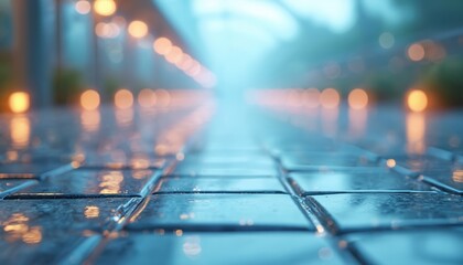 Reflective pathway with glowing lights. Wet pavement creates abstract bokeh patterns. Modern architecture walkway blurred background. Ambient glow creates serene mood.