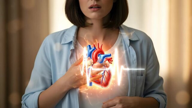 Woman having chest pain with glowing heart and electrocardiogram line. Female with heart attack or cardiovascular problem. Medical emergency or health care concept.