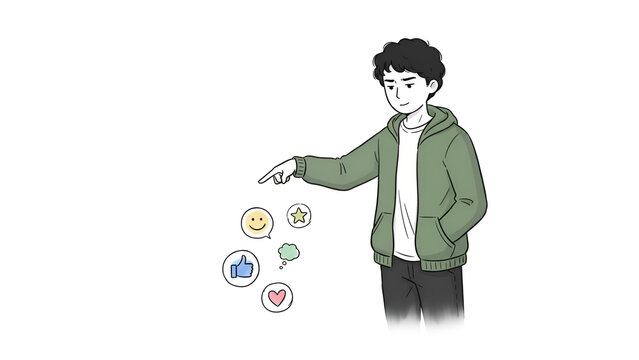 Young man in green hoodie reaching for floating social media icons