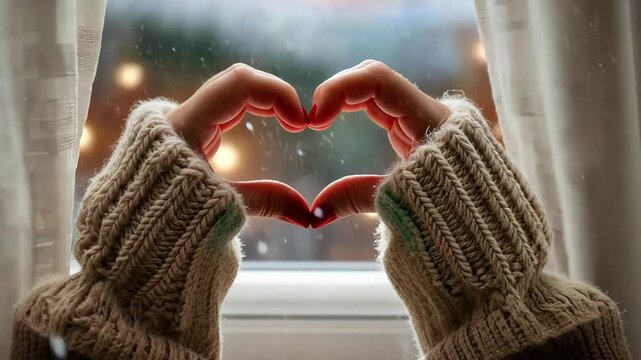 Cozy winter moments: hands in heart shape framing snowy landscape through window