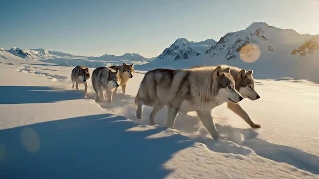Majestic wolf pack traversing a vast snowy wilderness with snow-capped mountains under a clear
