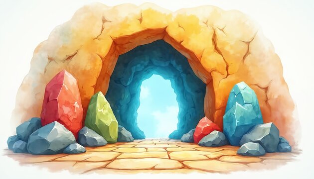 Colorful crystals flank a cavern entrance. Stone path leads to bright sky beyond rocky cave mouth. Illustration uses watercolor style, anime aesthetic, natural textures, and fantasy elements.