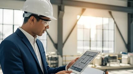 Asian man engineer reviewing architectural blueprint on digital tablet inside industrial building for construction project management - Powered by Adobe