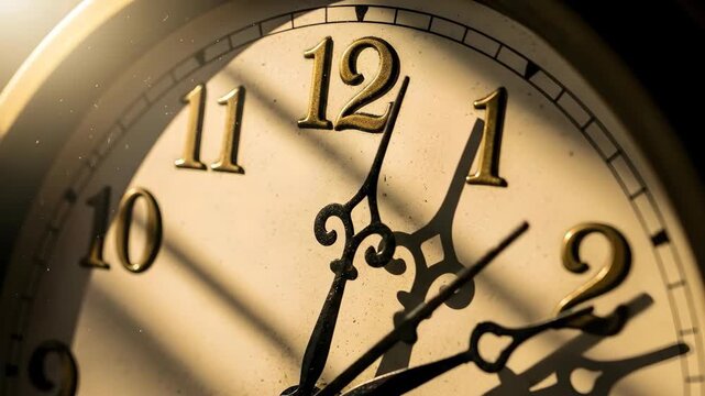 Close-up of a vintage clock face with hands moving from a time near eleven oclock to past one oclock, showing passing time in a warm glow