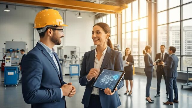 Engineer and businesswoman discussing blueprint on tablet in factory, other business professionals interacting in background, for industrial planning.