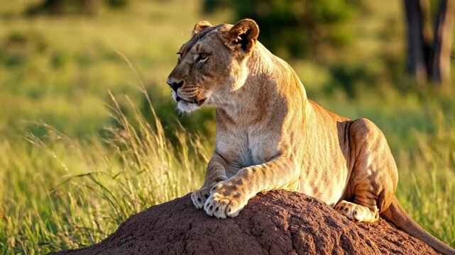 Majestic lioness resting on termite mound bathed in golden hour sunlight surveying savanna