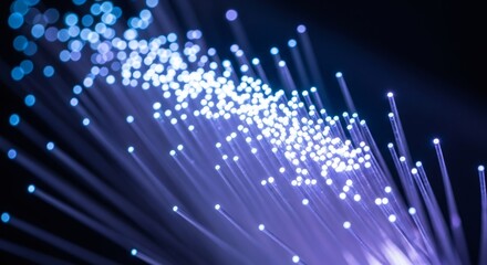Fiber optic wires emitting glowing light dots indicating high speed internet connection and digital data communication technology concept.