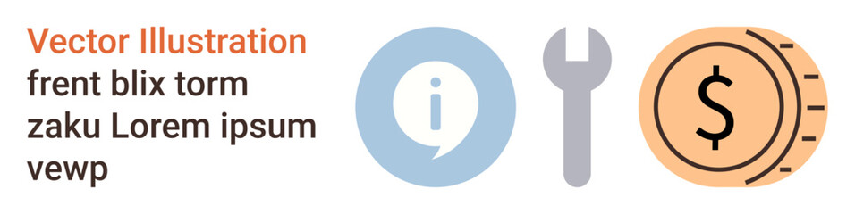 Customer support, tools, financial management, assistance, repair services, economy. Circular icon with information, wrench and coin graphics. Customer support and tools icon concepts