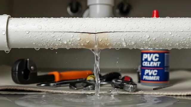 Leaking pvc water pipe with water dripping then gushing and tools for repair. Plumbing problem and home maintenance concept.