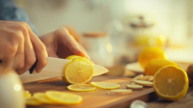 Male hands deftly slice fresh lemon on wooden cutting board, surrounded by vibrant lemons, releasing their fiber and zest, as juice begins dripping down, capturing flowing essence of the citrus fruit