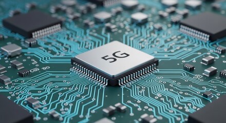 5g microchip on a circuit board. High-speed wireless technology for next-generation mobile communication and internet connection. Future telecom infrastructure.