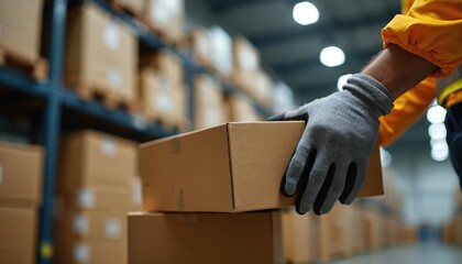 Warehouse worker wearing safety gloves loads package onto stack of boxes. Professional logistician handles merchandise in distribution center. Busy industry background, storage shelves with goods.