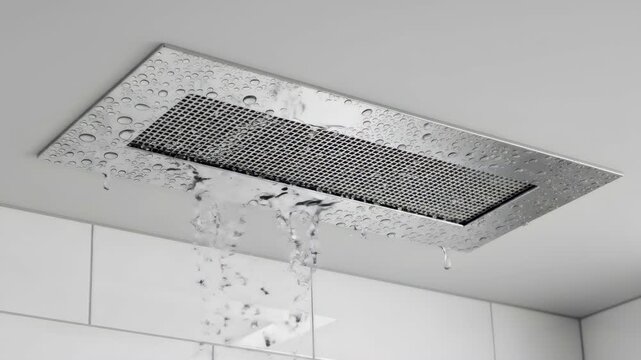 Water starts to drip and spill from ceiling mounted ventilation grille in home bathroom or kitchen. Home water damaged or broken air vent.