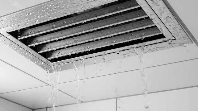 Ceiling air vent with dripping water showing a water leakage problem. Home plumbing issue with a broken HVAC system. Flood risk.