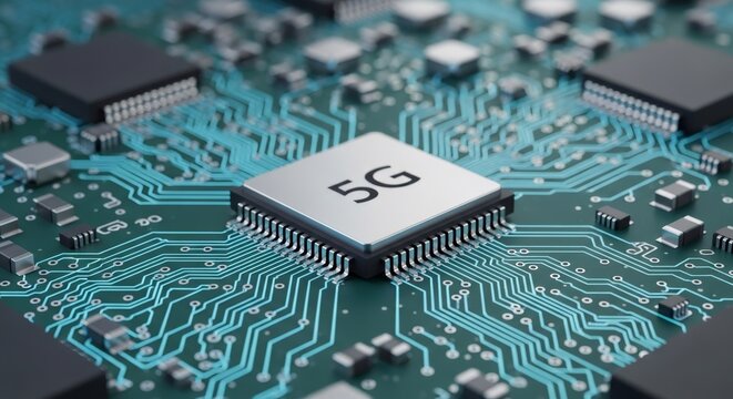 5g microchip on a circuit board. High-speed wireless technology for next-generation mobile communication and internet connection. Future telecom infrastructure. - Powered by Adobe
