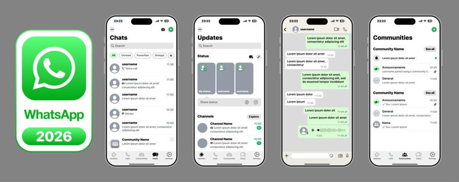 WhatsApp App Mobile Mockup Messaging UI Template with Smartphone Screens Chats Updates Status Communities Conversation Interface Design