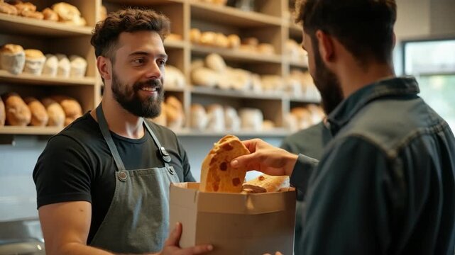Male baker handing a paper bag filled with bread to a male customer in a cozy indoor bakery with shelves of pastries and bread loaves.
