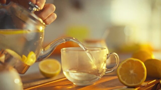 A man's hands carefully pour steaming liquid from a teapot into a clear cup, filled with immunity-boosting tea, surrounded by freshly cut citrus on a wooden board