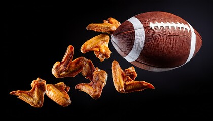 chicken wings falling with american football on black background