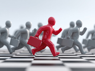 Identical corporate figures with suitcases moving ahead energetically on checkered floor, one glossy red figure among the crowd.	
