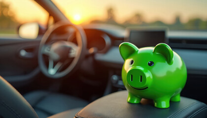 Green piggy bank sits on car armrest at sunset. Car interior shows steering wheel dash. Planning for car loan or travel savings concept. Optimism, wealth.