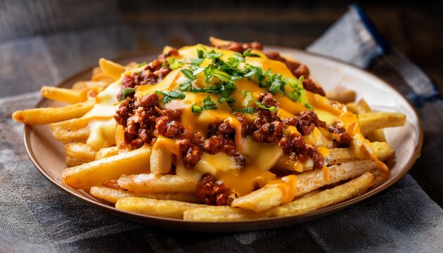 cheesy chili fries a hearty portion of french fries topped with melted cheese and chili