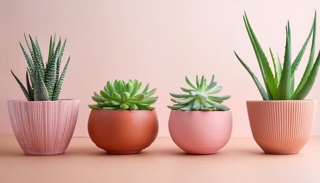 decorative potted succulent and aloe vera plants with green leaves in minimalist style terracotta and pink pots