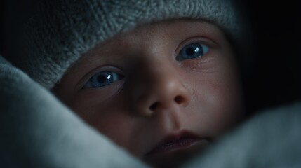 Close-Up of a Newborn Baby with Soft Blanket and Innocent Expression