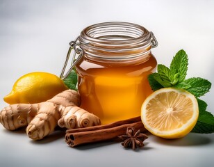 healthy natural ingredients for cold and flu remedies including honey lemon ginger cinnamon and mint leaves