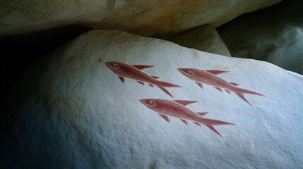 Ancient Cave Art Depicting Fish on Rock Surface in Dim Light