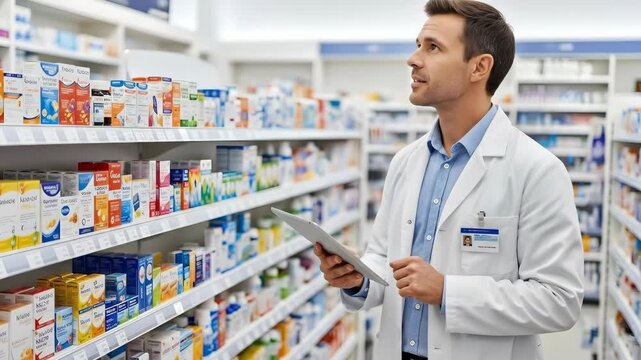 Male pharmacist checks inventory and stock level for pharmacy medicine using a digital tablet. Healthcare professional working with technology for medical supplies.