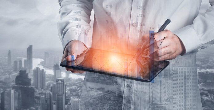 A professional in a lab coat utilizes a tablet to analyze data, set against a cityscape backdrop. Overlaid graphics symbolize innovation in business and technology. Scalp - Powered by Adobe