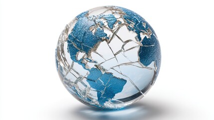 A fragmented glass globe with continents painted blue, set against a bright white backdrop. Fractured lines depict the continents