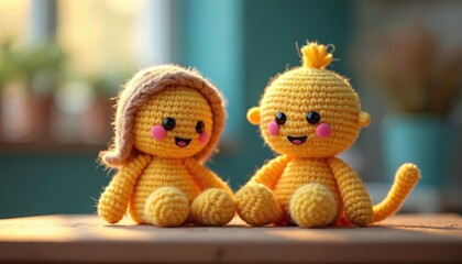 Two yellow knitted emoji figures sit on a table, smiling warmly. One has braided hair, the other a tuft. Their cheerful faces and bright yarn express pure joy and friendship.