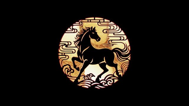 Golden Horse Featuring a Circular Openwork Pattern and Dynamic Circulating Light,alpha channel