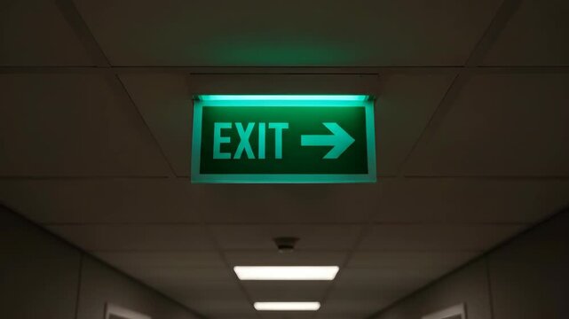 Glowing exit sign above hallway lights in a building for emergency wayfinding concept.