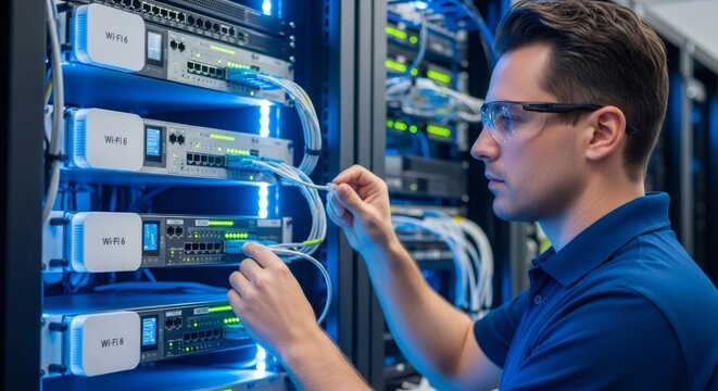 Man IT engineer installing network cables in a server rack with Wi-fi 6 equipment. Data center connection and future technology concept. - Powered by Adobe