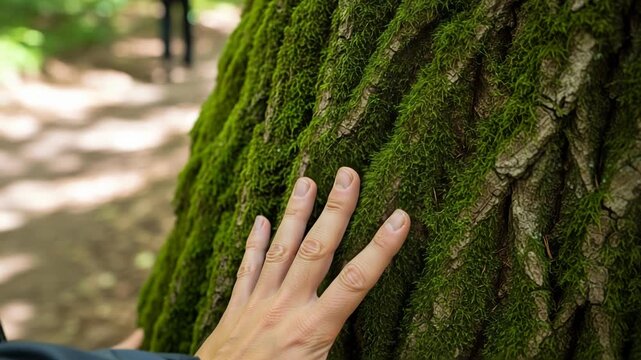 A persons hand touching a mossy tree trunk in a forest setting with natural light, 4k videos