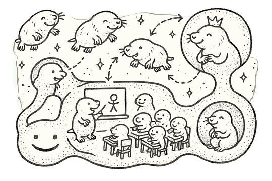 Whimsical Mole-Rat Classroom. Whimsical doodle mole-rat colony classroom with happy students, cartoon mole-rats floating, smiling