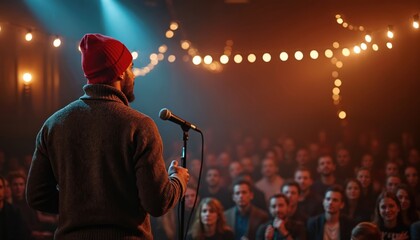 Comedian on stage with mic tells jokes to audience in dark club. Man in red hat performs stand up act under spotlights with string lights overhead. Laughter and entertainment in venue.