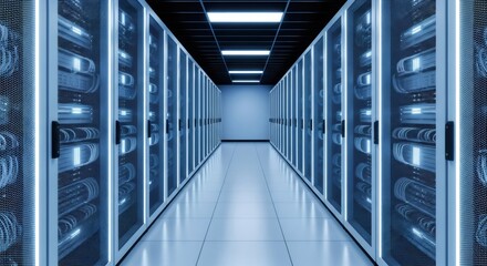 Long corridor of server rack cabinets in a data center. Network and internet technology concept in a modern information room.