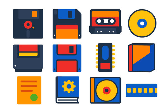 Vintage Media Icons. Flat vector icons of Vintage Software Media: 5.25 floppy, 3.5 floppy, cassette tape, CD-ROM, cartridge, ZIP