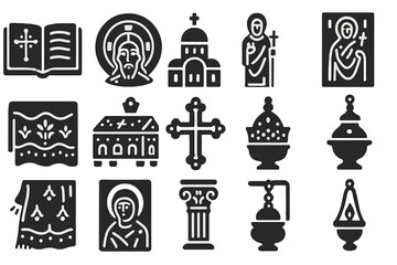 Naklejka premium Byzantine Art Icons. Solid style icons of Byzantine art and culture: illuminated manuscript, mosaic Christ face, domed basilica,
