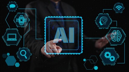 A professional engages with advanced AI technology through a touchscreen interface, surrounded by futuristic digital icons and data graphics, illustrating innovation. Cipher