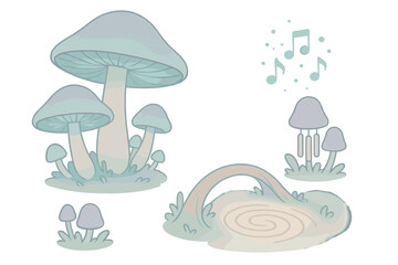Naklejka premium Fungal Harmony Shrine. Isometric vector illustration set Fungal Harmony Shrine: giant bioluminescent mushrooms, chime-like fungi,