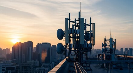 Cell phone tower on rooftop of building with city skyline at sunset. Telecommunication infrastructure for modern wireless communication technology.